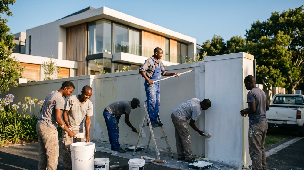Professional team painting a boundary wall at a modern home in Plattekloof