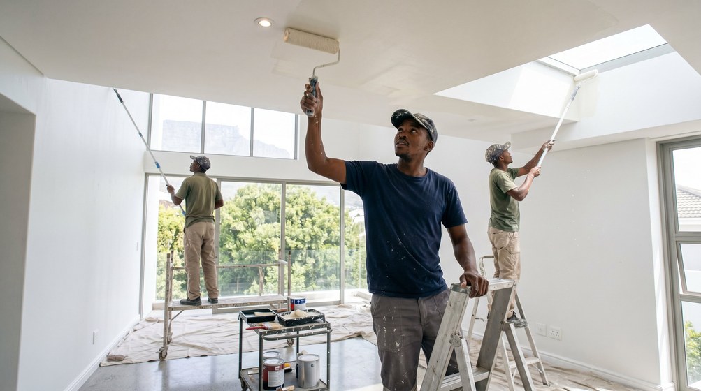 Professional ceiling painters rolling white paint onto a high ceiling in Plattekloof