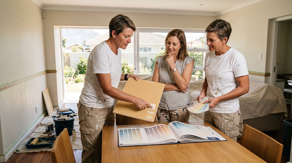 Professional colour consultant showing paint swatches to a homeowner in Plattekloof