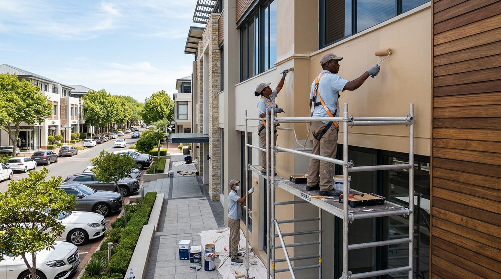 Professional commercial painters on scaffolding painting a building on the Plattekloof
