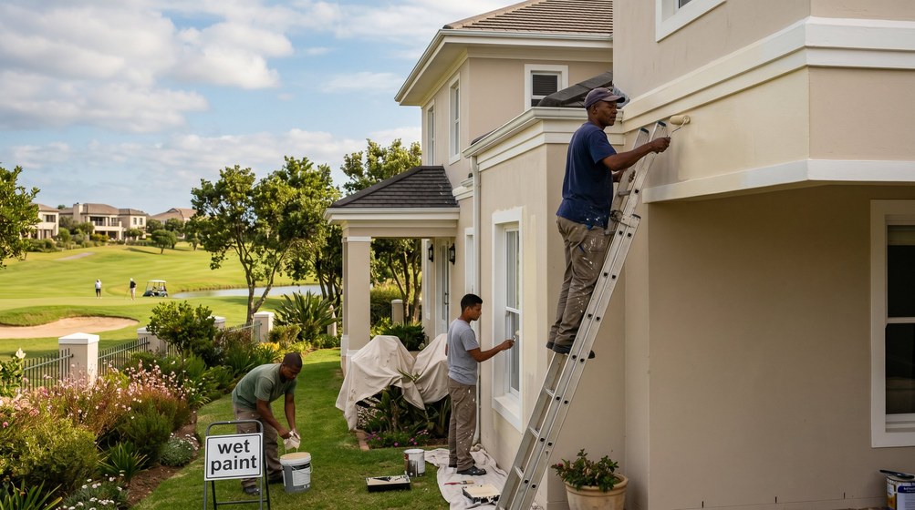 Professional estate painters painting a luxury golf estate home on the Plattekloof