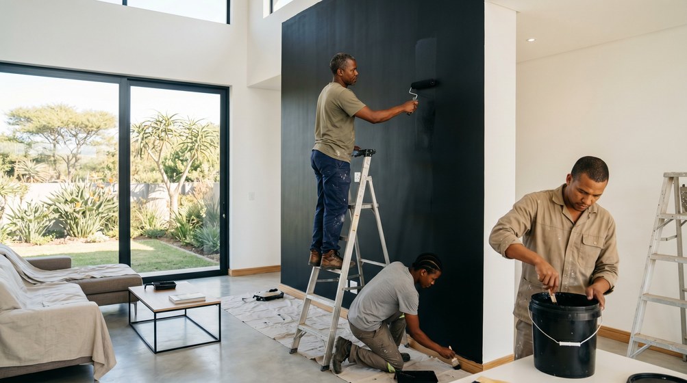 Professional painters creating a bold black feature wall in a modern Plattekloof home