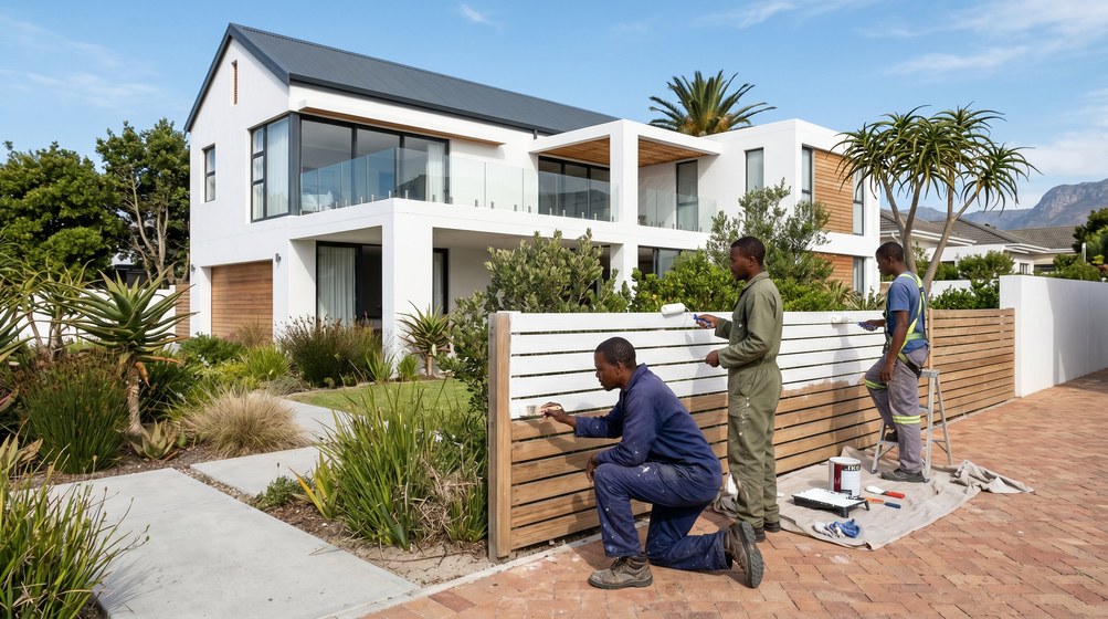 Professional fence painters painting a wooden fence at a Plattekloof home in Plattekloof