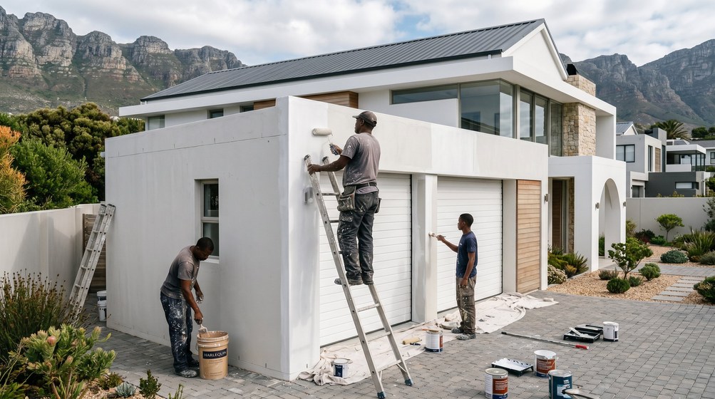 Professional painters painting a double garage exterior and garage doors in Plattekloof