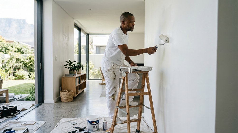 Professional interior painter in Plattekloof painting walls with a roller