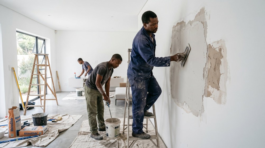 Professional plaster repair team skim coating damaged walls in Plattekloof