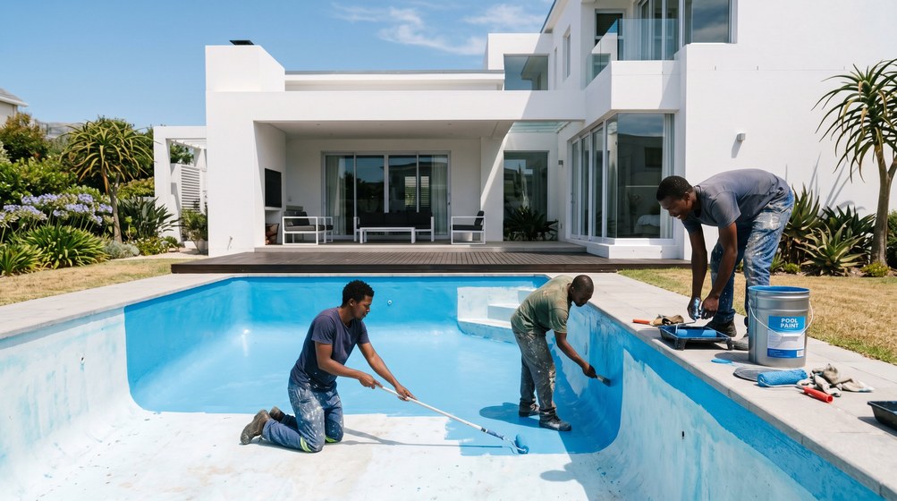 Professional pool painters applying blue pool paint to a swimming pool in Plattekloof