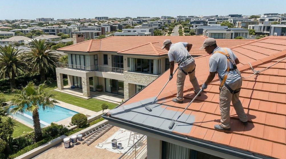 Professional roof painters applying waterproof coating to tiled roof in Plattekloof