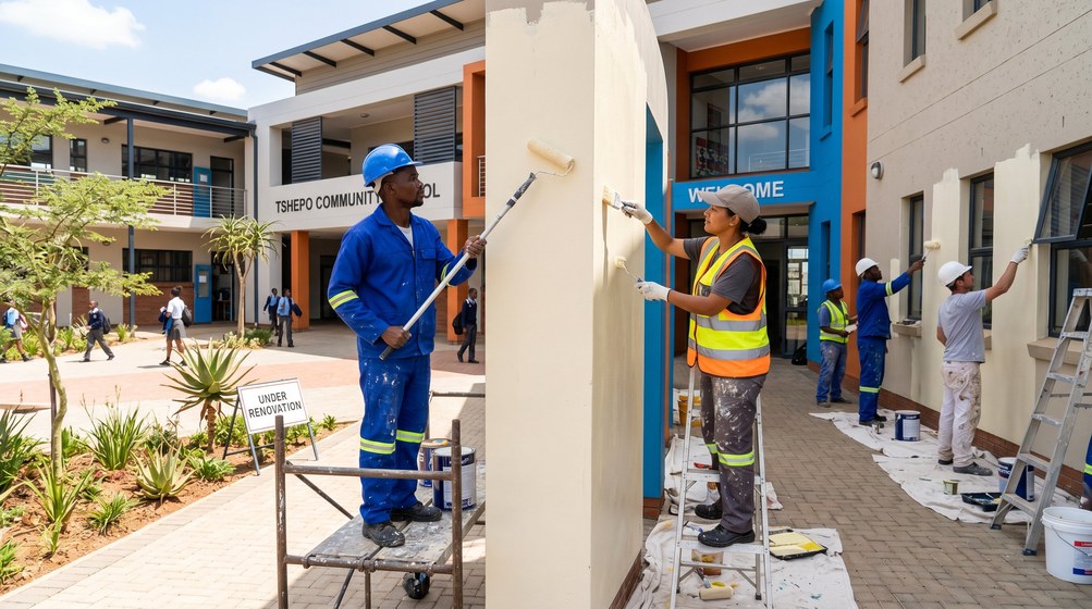 Professional school painting team painting a community school on the Plattekloof