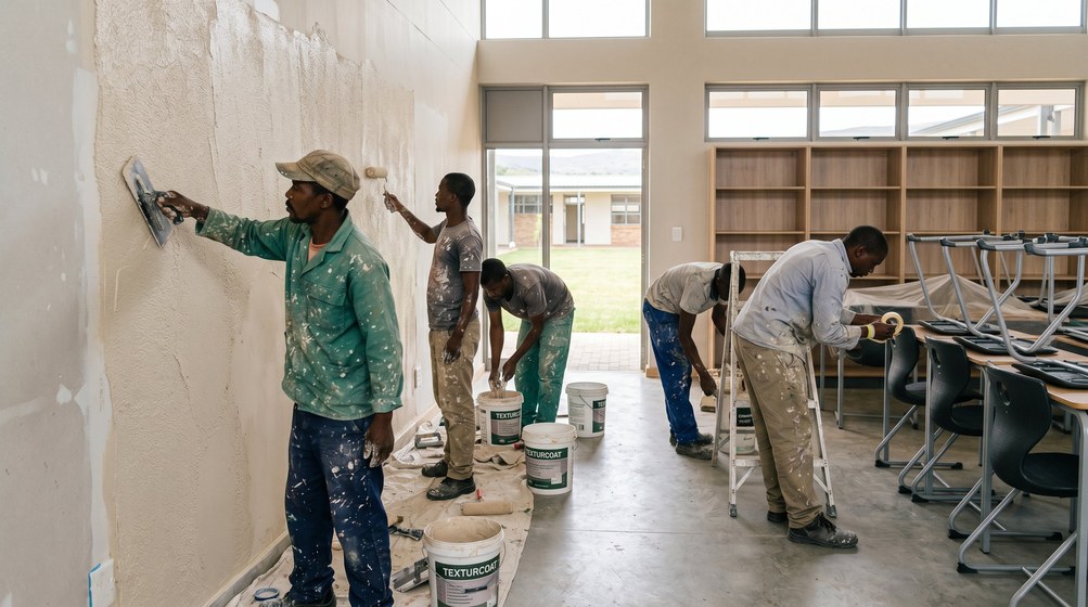Professional texture coating team applying Texturcoat to interior walls in Plattekloof