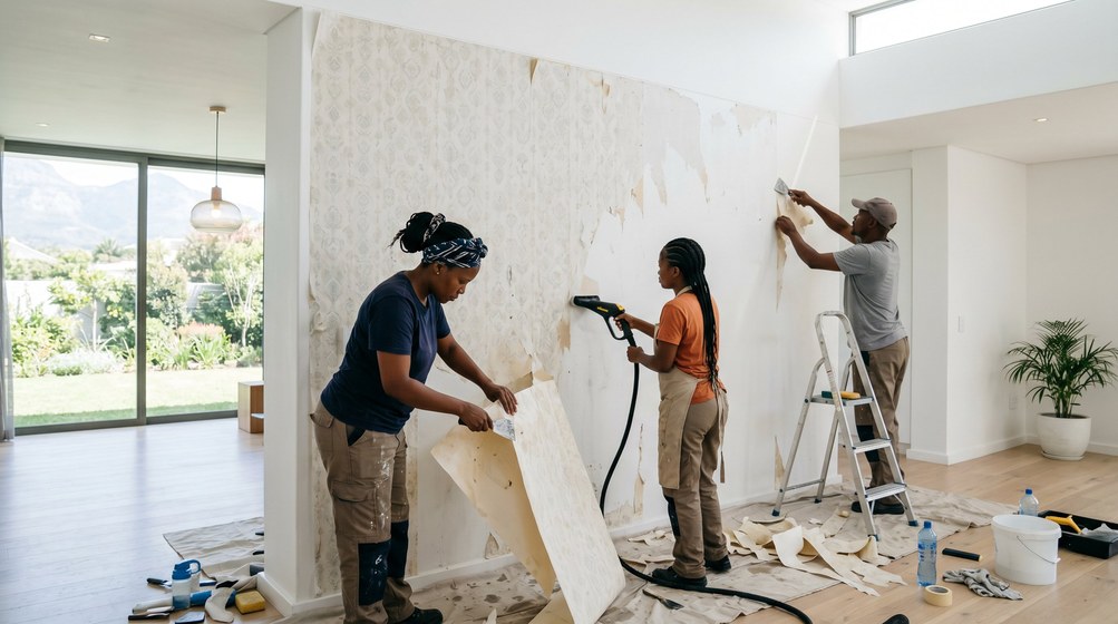 Professional wallpaper removal team stripping old wallpaper in a Plattekloof home