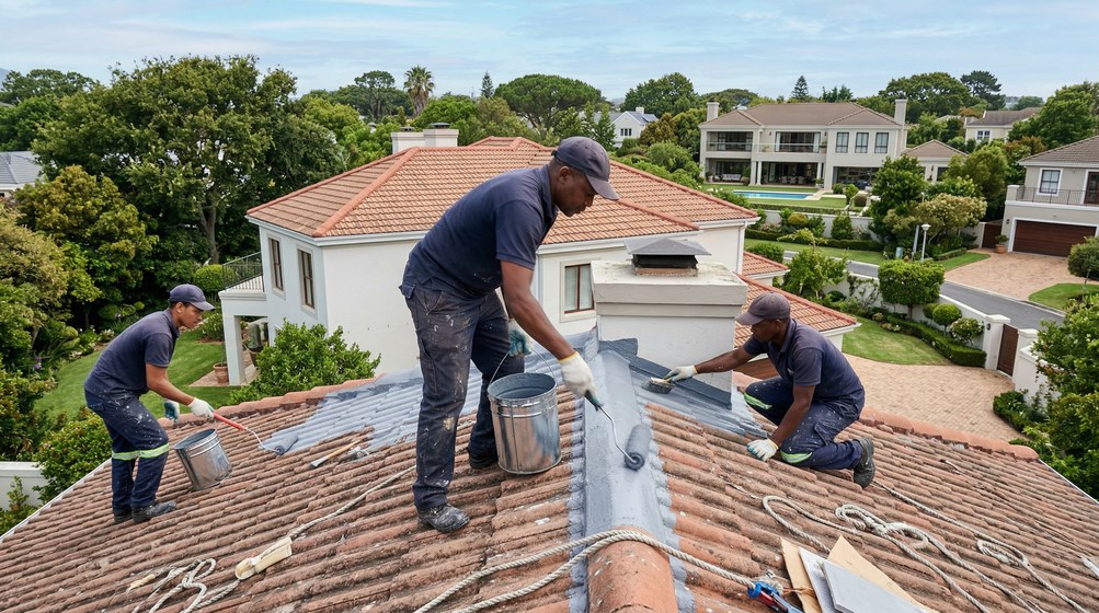 Professional waterproofing team applying membrane to roof in Plattekloof