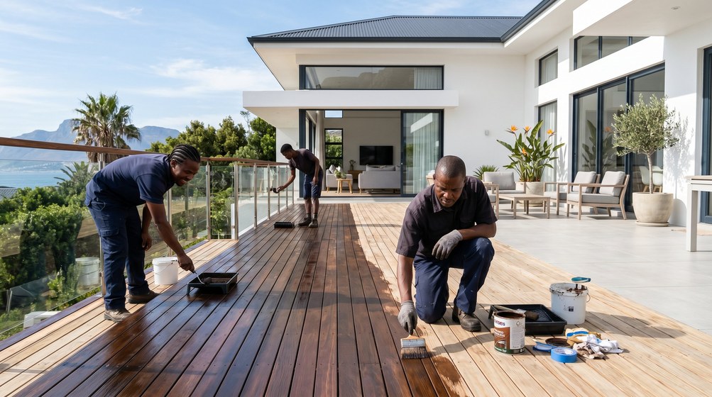 Professional wood staining team applying deck stain overlooking the ocean in Plattekloof